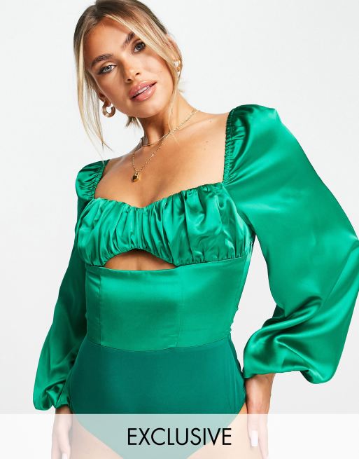 Collective the Label exclusive cut out corset satin bodysuit in emerald  green