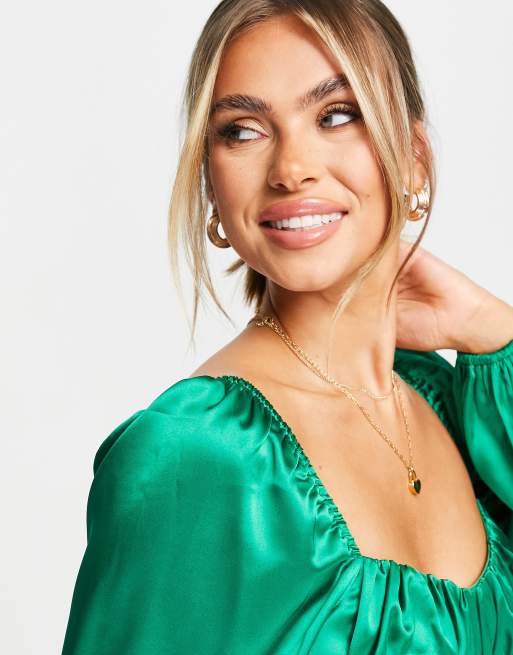 Collective the Label exclusive cut out corset satin bodysuit in emerald green, 2 of 4