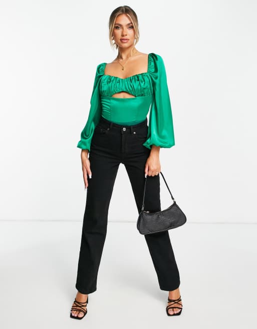 Collective the Label exclusive cut out corset satin bodysuit in emerald green, 3 of 4