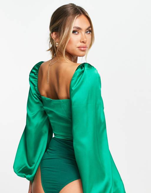 Collective the Label exclusive cut out corset satin bodysuit in emerald green, 4 of 4