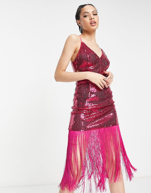 Pink Sequin Fringe Party Dress M