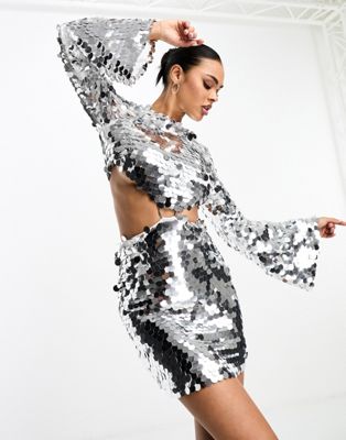 Collective The Label Exclusive Disc Sequin Cut-out Mini Dress In Silver-red In Metallic
