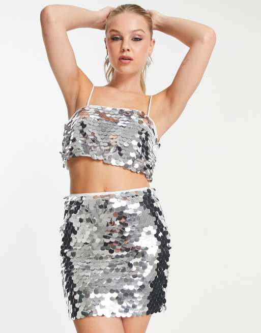 Idol silver sequin outlet disc mini bodycon skirt