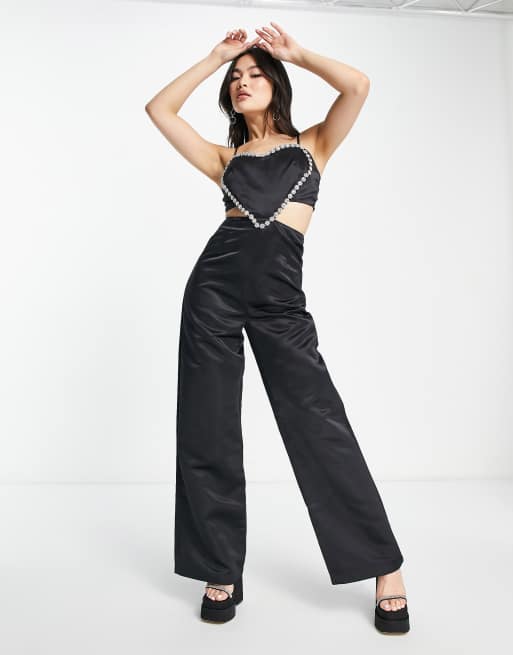 ASOS DESIGN twill collared jumpsuit with wide leg in black