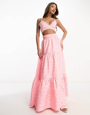 Collective The Label Collective the Label exclusive jacquard maxi skirt co-ord in pink daisy