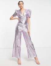 Band Of Stars premium embellished wide leg plunge back jumpsuit in purple