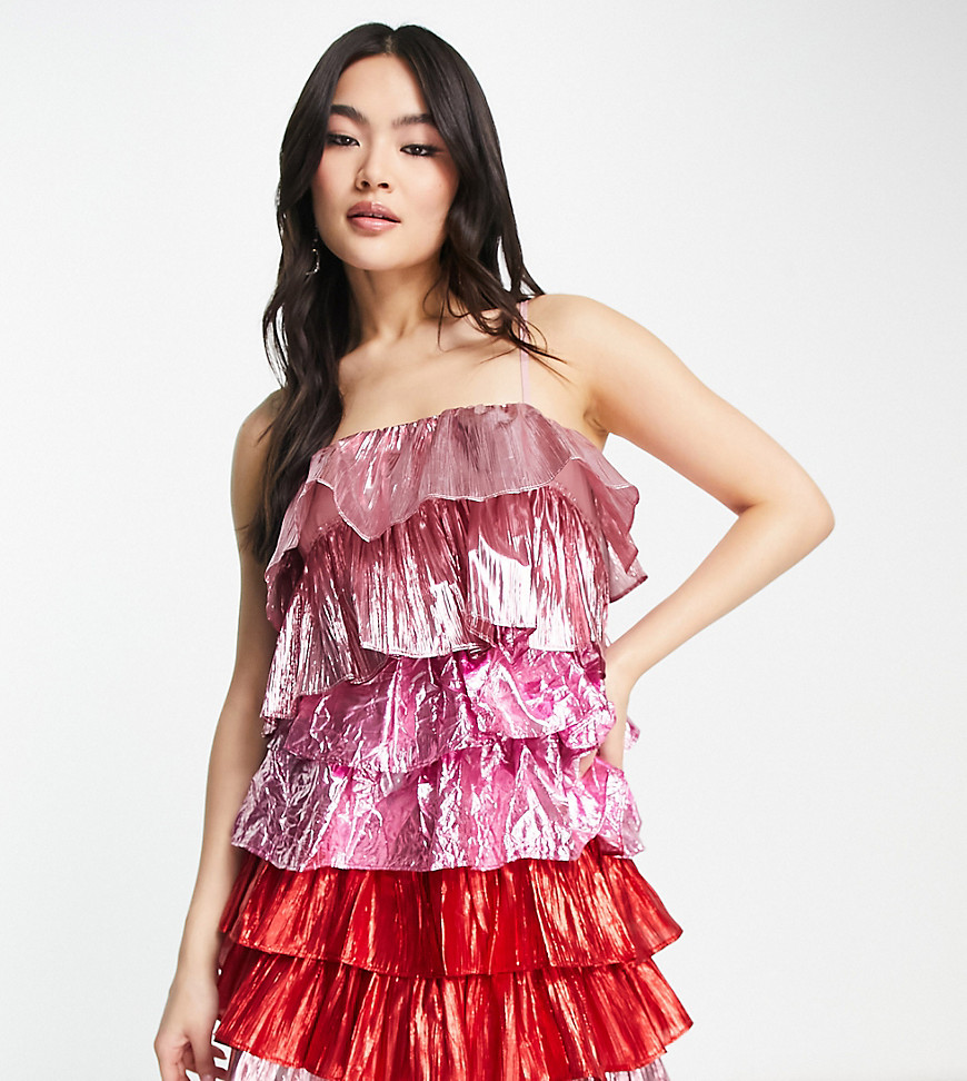 Collective the Label exclusive metallic tiered mini dress in pink and red-Multi
