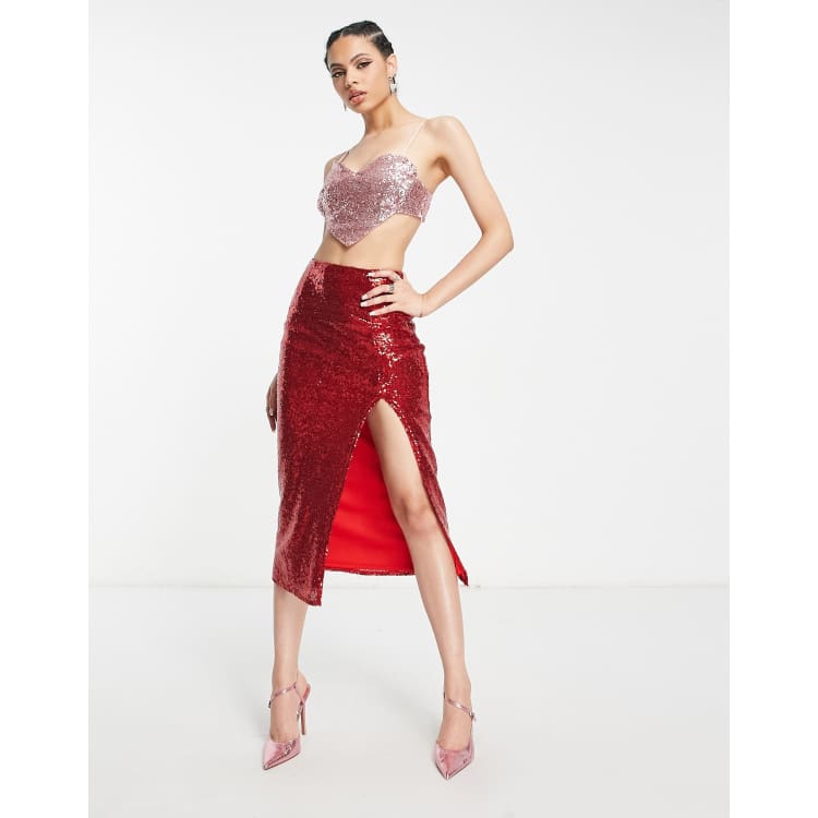 Zara red shop sequin midi skirt