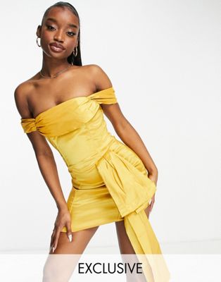 Collective the Label exclusive off shoulder drape satin mini dress in gold