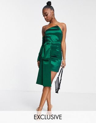 Collective the Label exclusive one shoulder bow mini dress in emerald green
