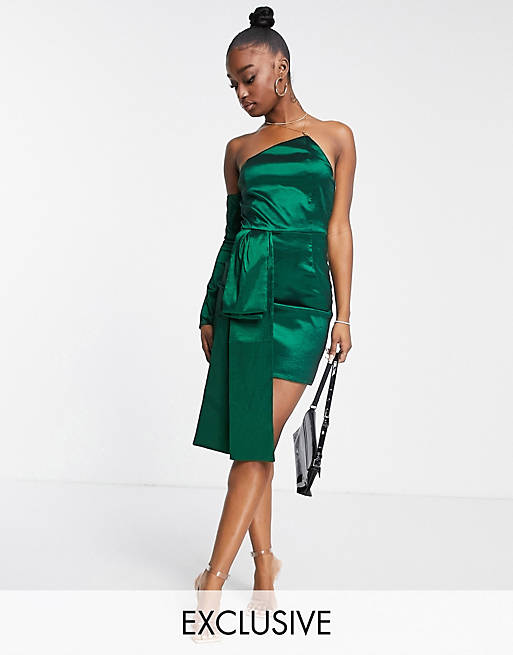 Women Collective the Label exclusive one shoulder bow mini dress in emerald green 
