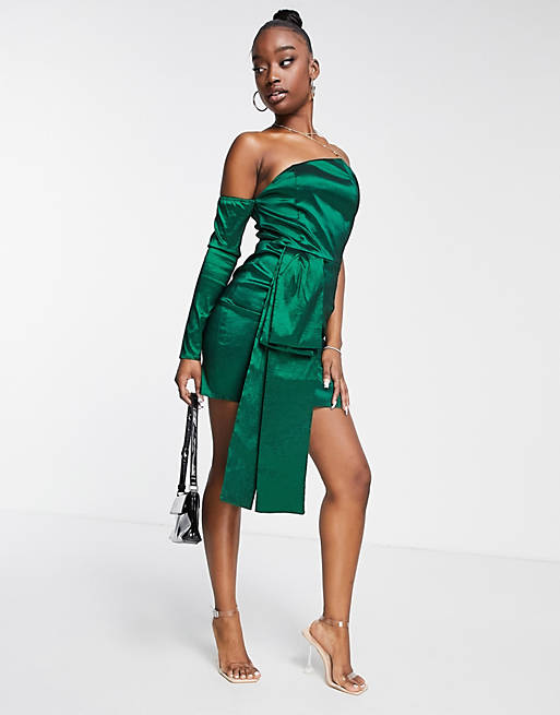 Women Collective the Label exclusive one shoulder bow mini dress in emerald green 
