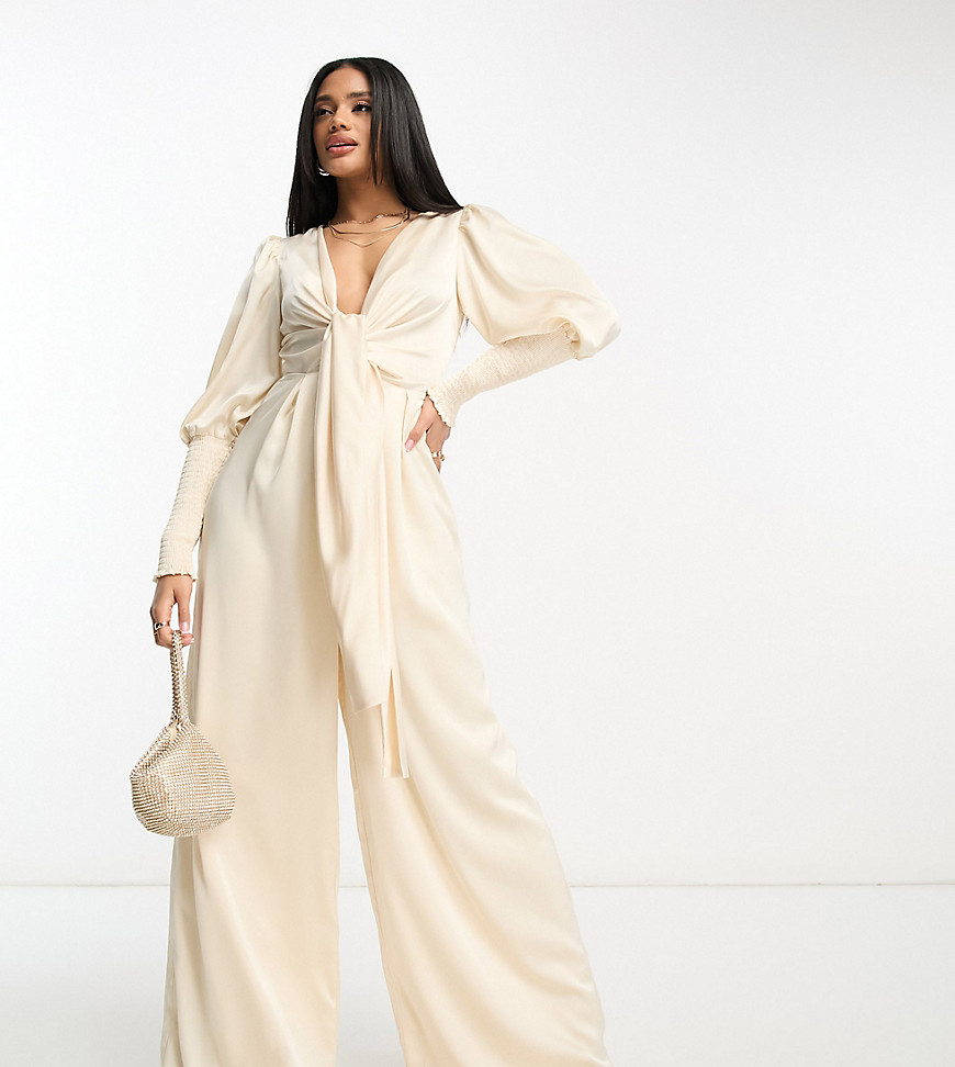 exclusive plunge front wide leg jumpsuit in oyster-White