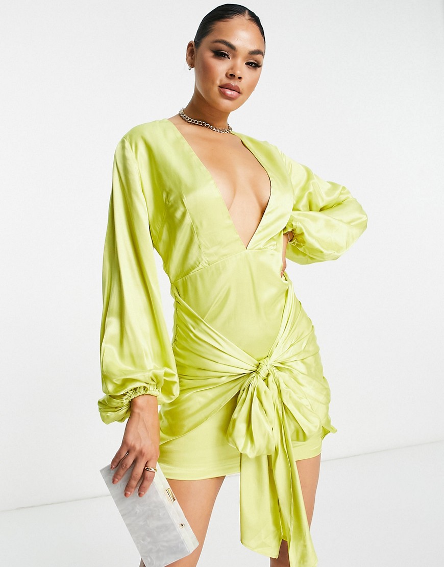 exclusive plunge knot front satin mini dress in lime-Green