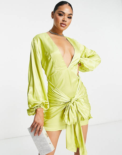 Collective the Label exclusive plunge knot front satin mini dress in lime