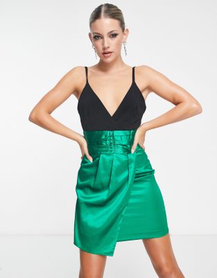 Collective The Label Collective the Label exclusive plunge ruched waist mini dress in emerald-Black