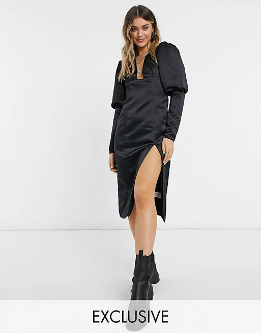 Collective the Label exclusive plunge thigh split midi dress with oversized sleeve in black