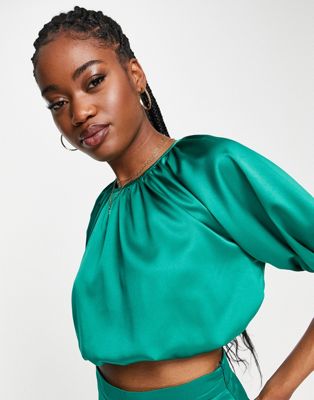 Collective the Label exclusive puff sleeve crop top co-ord in emerald