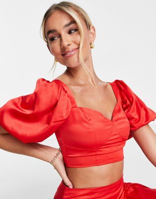 Collective the Label exclusive puff sleeve crop top co-ord in pillarbox red
