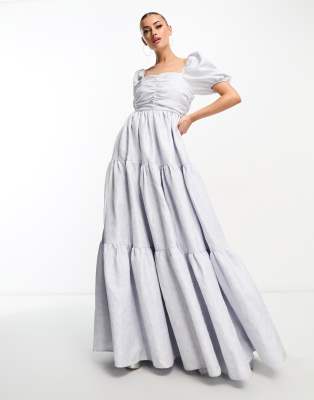 Exclusive puff sleeve jacquard maxi dress in blue daisy