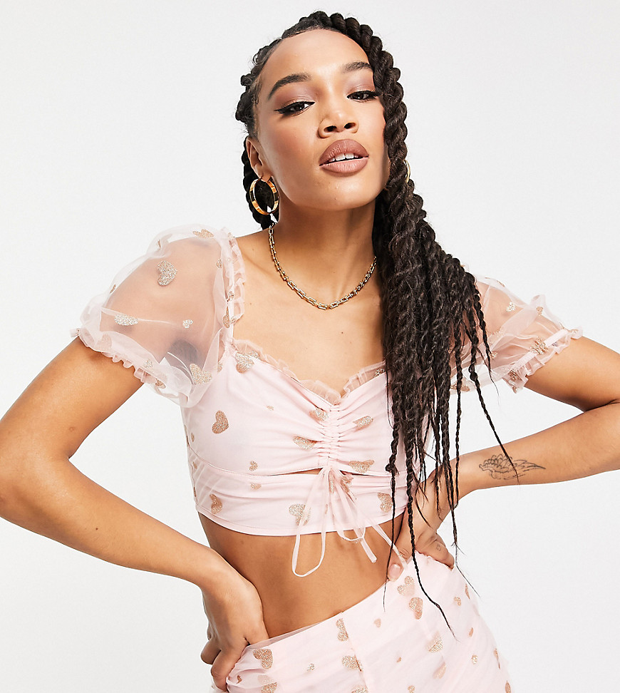 Collective the Label exclusive puff sleeve organza top co-ord in blush glitter heart-Multi