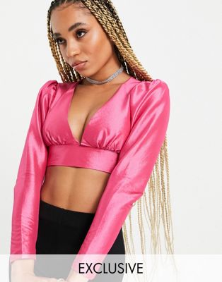 Collective the Label exclusive puff sleeve plunge taffeta co-ord top in pink