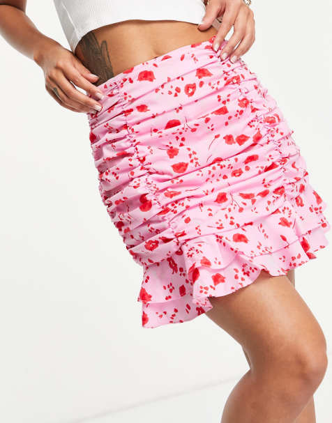 Collective the Label exclusive ruched flippy mini skirt co-ord in pink and red floral - view 1