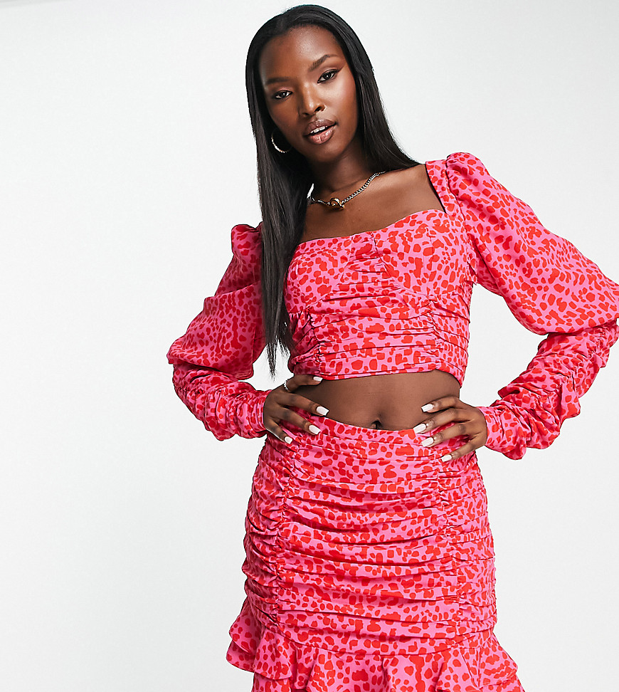 Collective the Label exclusive ruched frill mini skirt co-ord in pink and red leopard print-Multi
