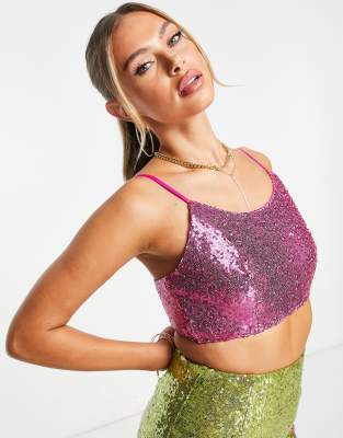 Commando + Co-ord Sequin Crop Top and Mini Skirt in Bright Pink