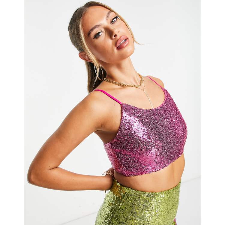 Hot Pink Sequin Micro Bandeau Crop Top