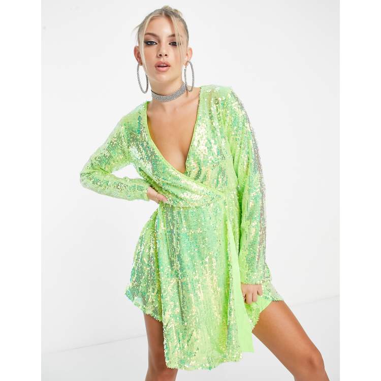 Green iridescent long shop sleeve sequin bodycon dress