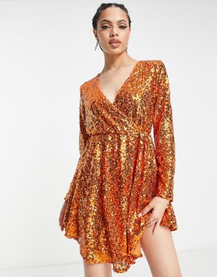 exclusive sequin wrap mini dress in orange