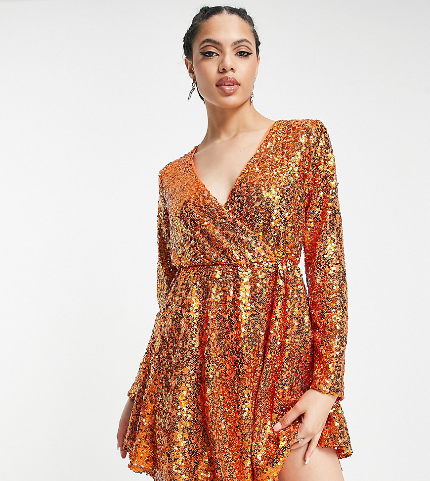 Collective the Label exclusive sequin wrap mini dress in orange