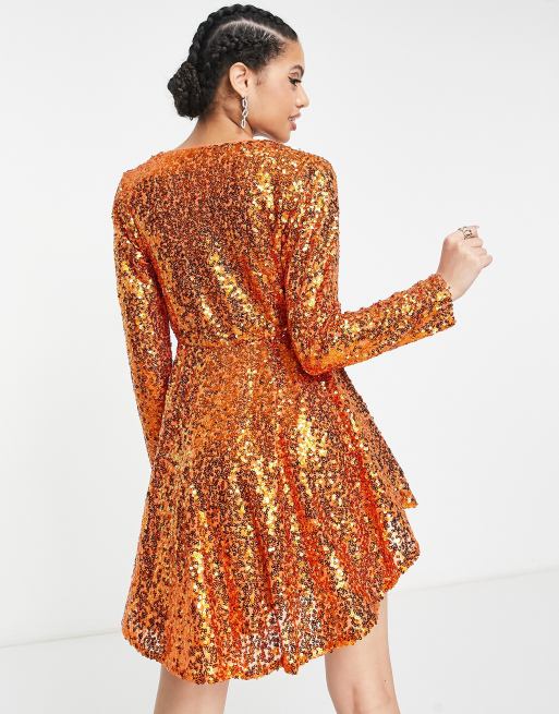 Collective the Label exclusive sequin wrap mini dress in orange