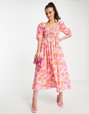 Collective The Label Exclusive Smock Midi Dress In 60s Floral-multi