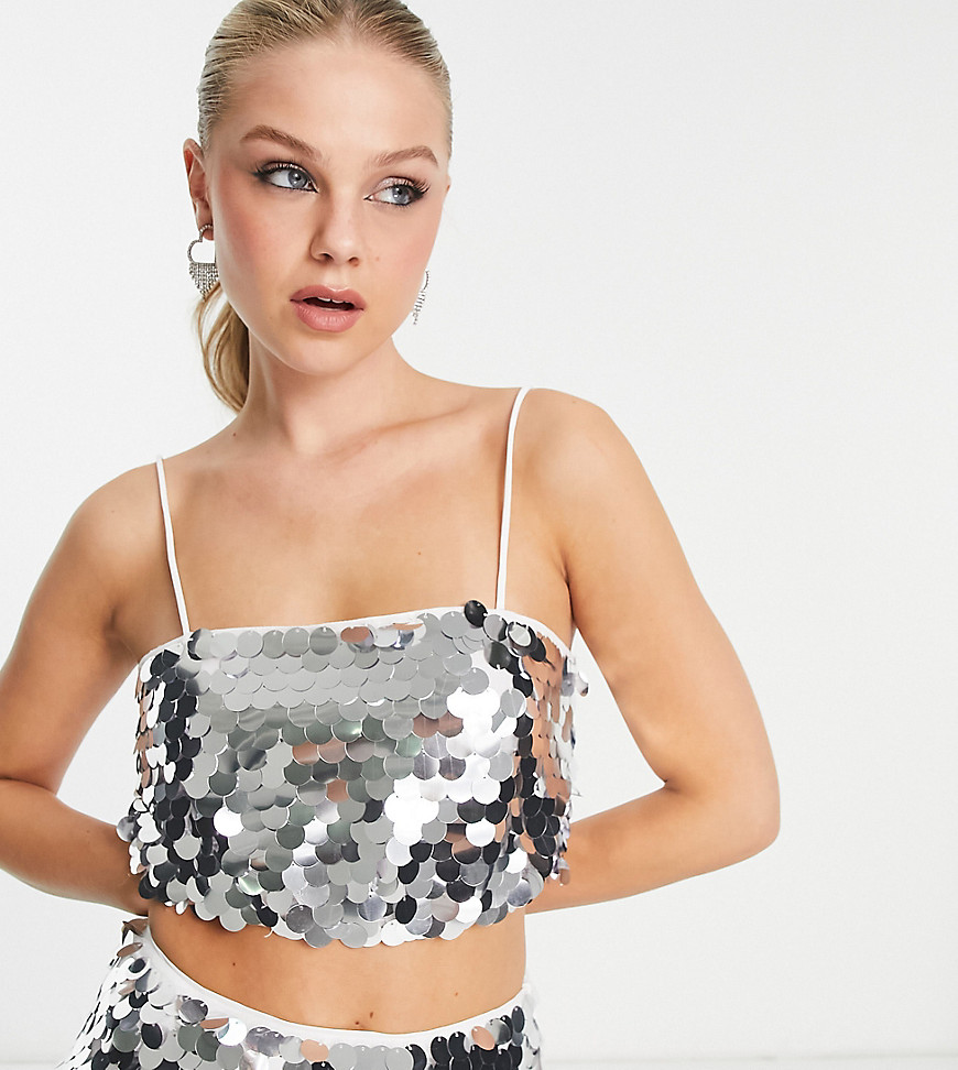 Collective the Label exclusive strappy disc sequin crop top in silver - part of a set