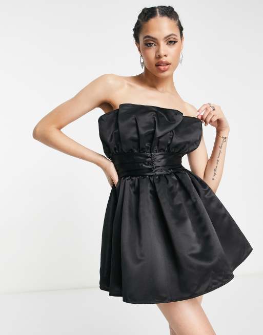 Javas Bandeau Mini Dress in Black Sateen