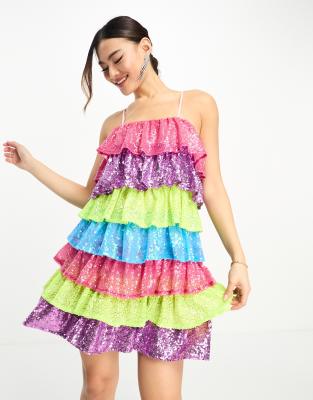 Collective The Label Exclusive Tiered Mini Dress In Rainbow Sequin-multi