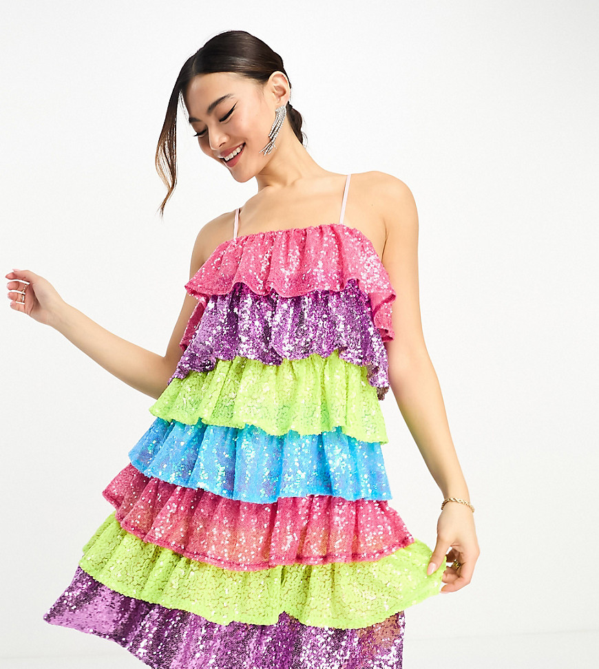 exclusive tiered mini dress in rainbow sequin-Multi