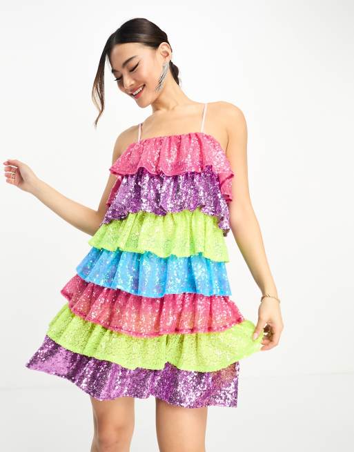 Tall Rainbow Striped Sequin Wrap Belted Mini Dress