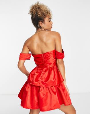 exclusive valentines bardot ruched mini dress in red