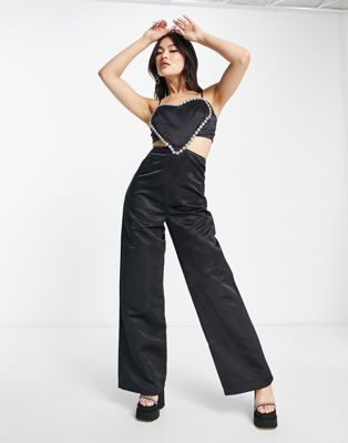 Collective the Label exclusive embellished heart wide leg jumpsuit in black