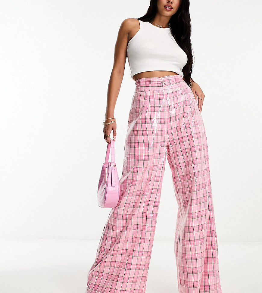 Collective the Label exclusive wide leg metallic trouser in pink check sequin-Silver