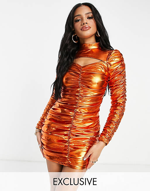 Collective The Label - Exclusives - Mini-jurk met lange mouwen, uitsnijding en lovertjes in oranje