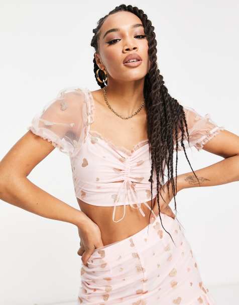 Collective The Label - Exclusives - Organza top met pofmouwen en blush glitterhartjes, deel van co-ord set - view 1