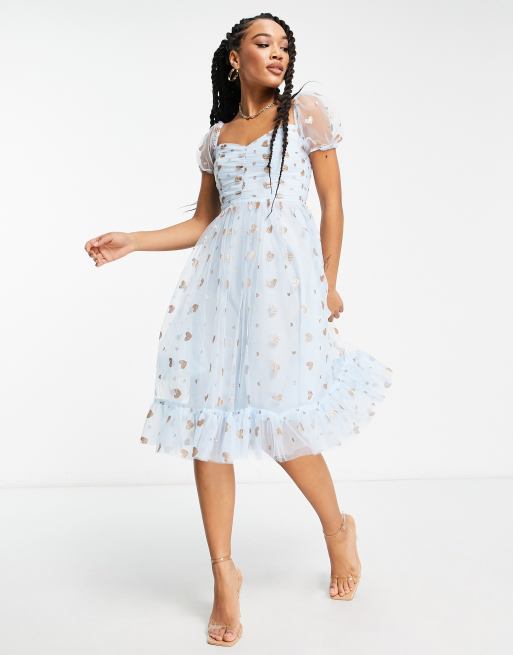 Collective the Label - Exclusives - Valentijn - Midi-jurk met pofmouwen en glitterhart in donkerblauw