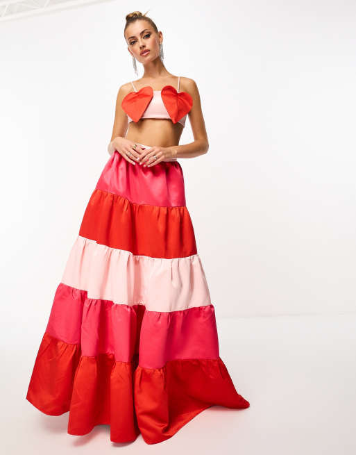 Collective the Label - Exclusivité - Jupe longue d'ensemble froncée à la taille - Rouge dégradé