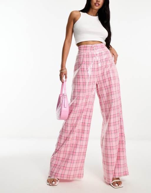 Collective The Label – Exklusive Metallic-Hose in Rosa kariert mit Pailletten und weitem Bein