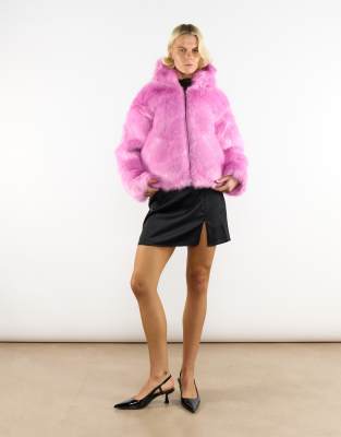 Collective The Label Faux fur jacket with hood in candy pink | ASOS