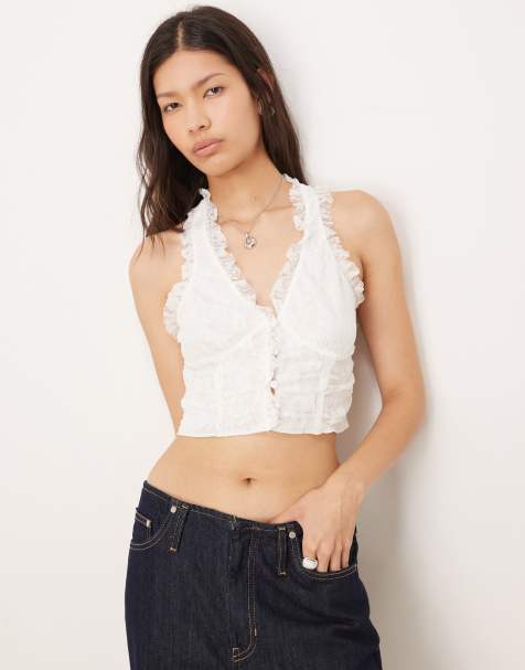 Collective The Label Fitted lace top with ruffle trim in off white lace - view 1